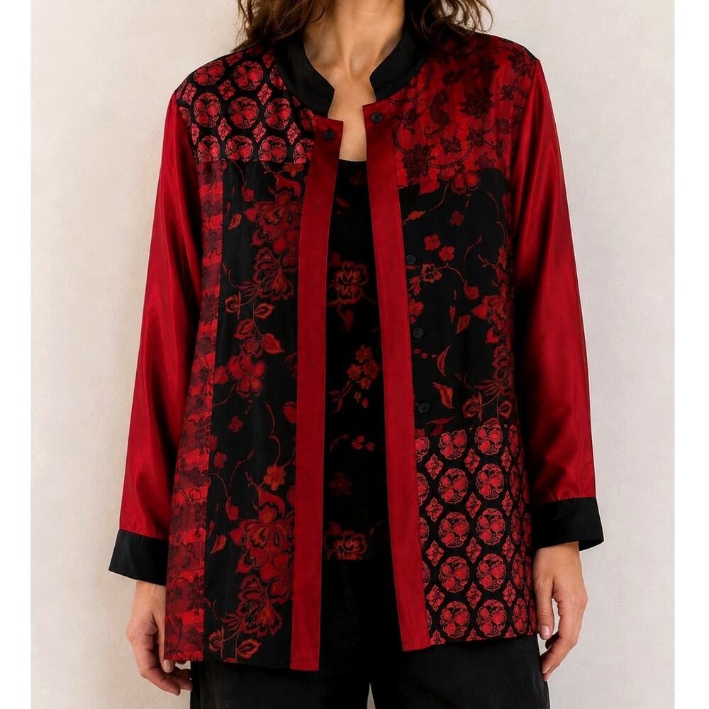 KOOS of Course 1X 100% Silk Patchwork Jacket Tank Set Red Art to Wear Grunge